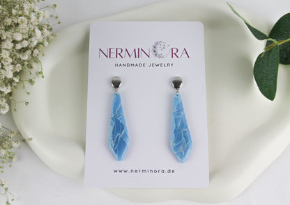 Lange Blau-Silber Marmor Ohrringe – Elegante Handgefertigte Polymer Clay Statement