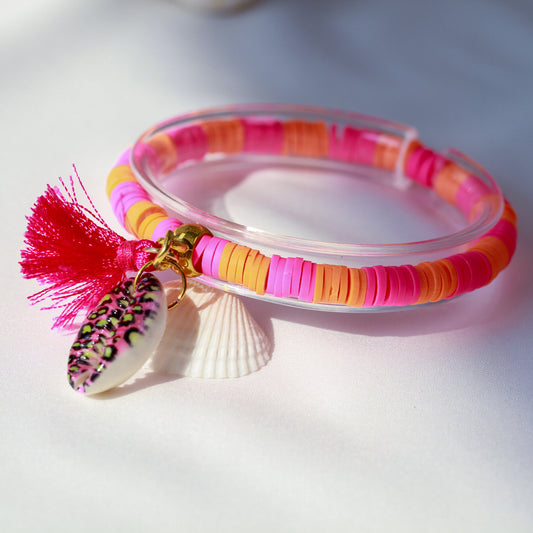 Wild Tropic – Neon-Katsuki-Armband mit Kauri-Muschel und Quaste