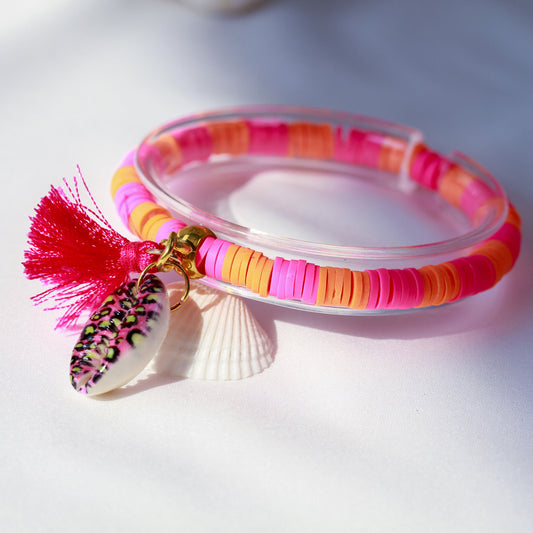 Wild Tropic – Neon-Katsuki-Armband mit Kauri-Muschel und Quaste
