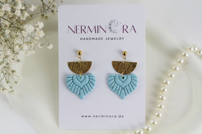 Türkise Oriental Boho Ohrringe mit Goldakzenten – Handgefertigte Polymer Clay Statement