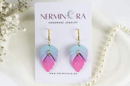 Pink-Blau Farbverlauf Blatt Ohrringe – Handgefertigte Polymer Clay Statement Designs