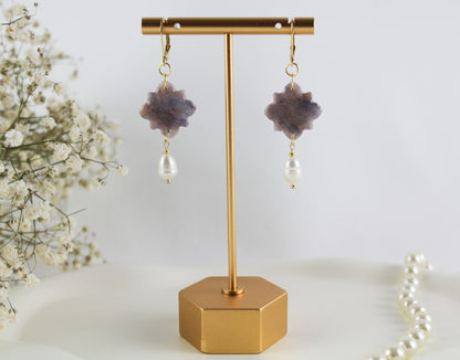 Elegante Rosa-Blau-Grau Goldmarmor Ohrringe – Handgefertigte Polymer Clay Statement