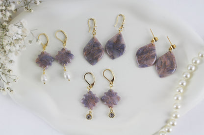 Elegante Rosa-Blau-Grau Goldmarmor Ohrringe – Handgefertigte Polymer Clay Statement