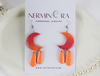 Lila-Orange Mond Farbverlauf – Handgefertigte Polymer Clay Statement Ohrringe