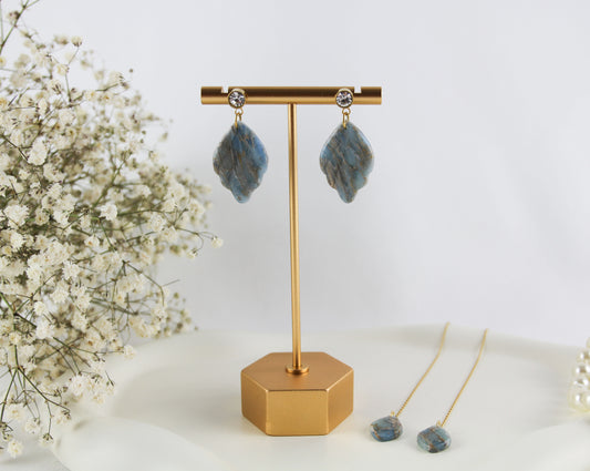 Blaue natursteininspirierte Blatt Polymer Clay Ohrringe Fadenohrringe