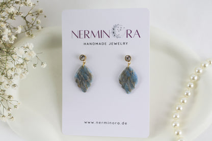 Blau-Grau Naturstein-Marmor Blatt Ohrringe – Elegante Polymer Clay Fadenohrringe