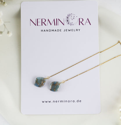 Blau-Grau Naturstein-Marmor Blatt Ohrringe – Elegante Polymer Clay Fadenohrringe