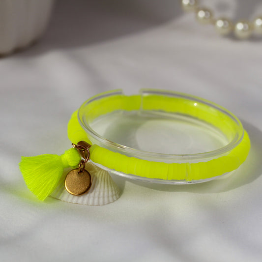 Neon Cyber – Gelbes Katsuki-Armband mit Quaste und Plättchen-Anhänger