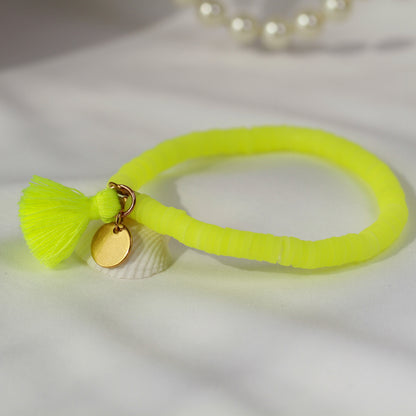 Neon Cyber – Gelbes Katsuki-Armband mit Quaste und Plättchen-Anhänger