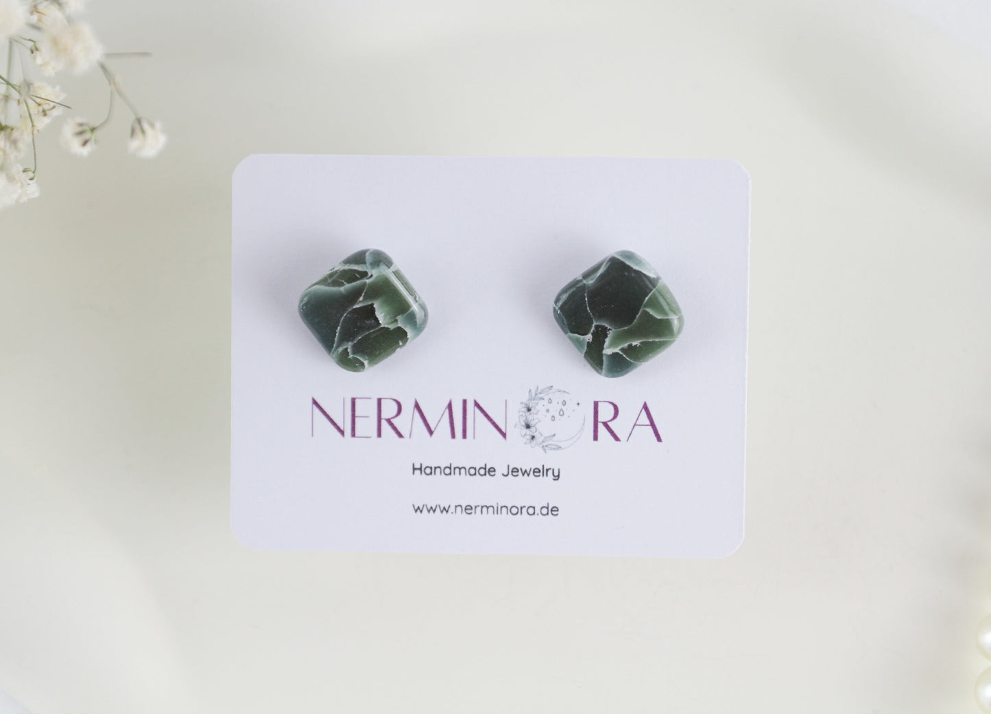 Grün marmorierte Polymer Clay Ohrringe mit Kettenelementen