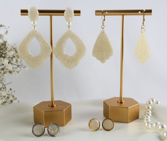 White-Beige Glitter Opal Polymer Clay Earrings Studs, Bridal Wedding Earrings