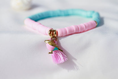 Pastel Dream Bird – Katsuki-Armband in Rosa und Mint mit Vogel-Anhänger
