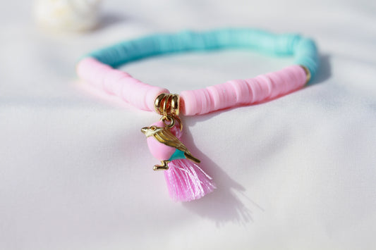 Pastel Dream Bird – Katsuki-Armband in Rosa und Mint mit Vogel-Anhänger