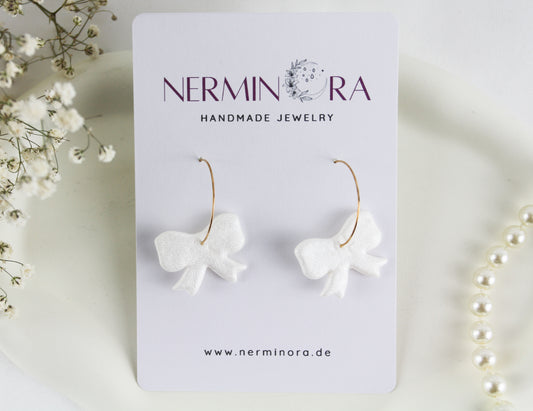 White Bow Polymer Clay Earrings, Ribbon Hoops