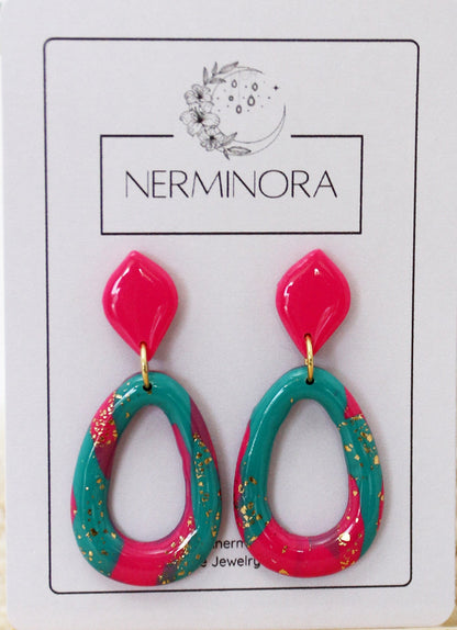 Pink-Teal Statement Ohrringe – Handgefertigte Polymer Clay Ohrringe