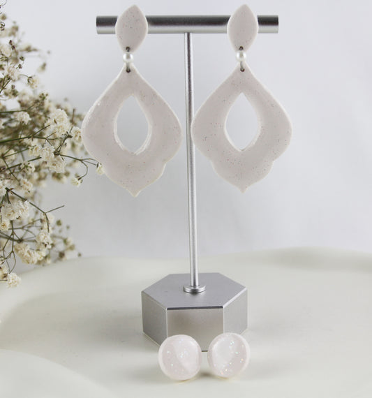 Weiß Glitzernde Polymer Clay Ohrringe, Braut Hochzeit Ohrringe