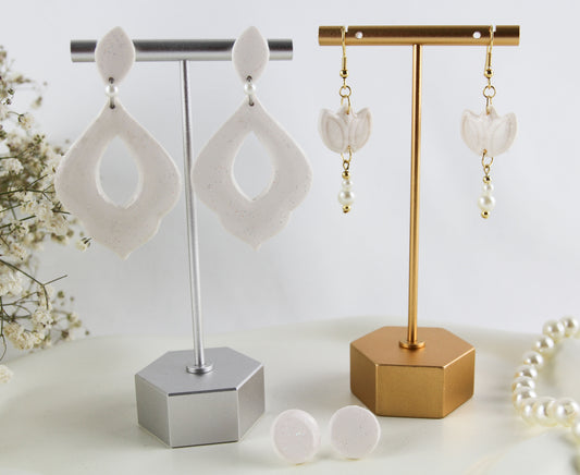 Weiß Glitzernde Polymer Clay Ohrringe, Braut Hochzeit Ohrringe