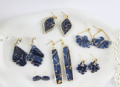 Elegante Blau-Gold Marmor Ohrringe – Statement Ohrringe aus Polymer Clay | Kollektion Marbela