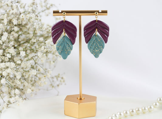 Zweifarbige Blatt Hänge Polymer Clay Ohrringe