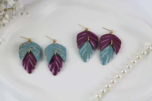 Zweifarbige Blatt Hänge Polymer Clay Ohrringe