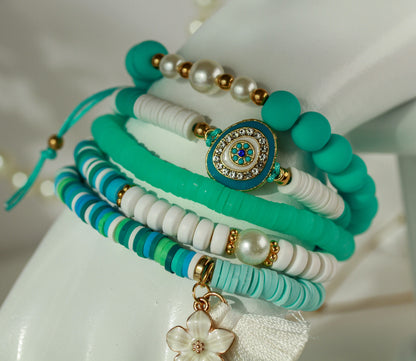 Nazar Mint Flower – Katsuki 5er-Armbandset mit Schutzauge und Blüte