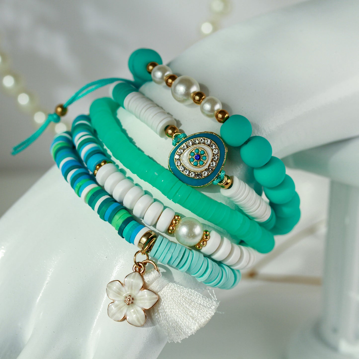 Nazar Mint Flower – Katsuki 5er-Armbandset mit Schutzauge und Blüte