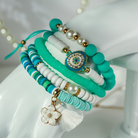 Nazar Mint Flower – Katsuki 5er-Armbandset mit Schutzauge und Blüte