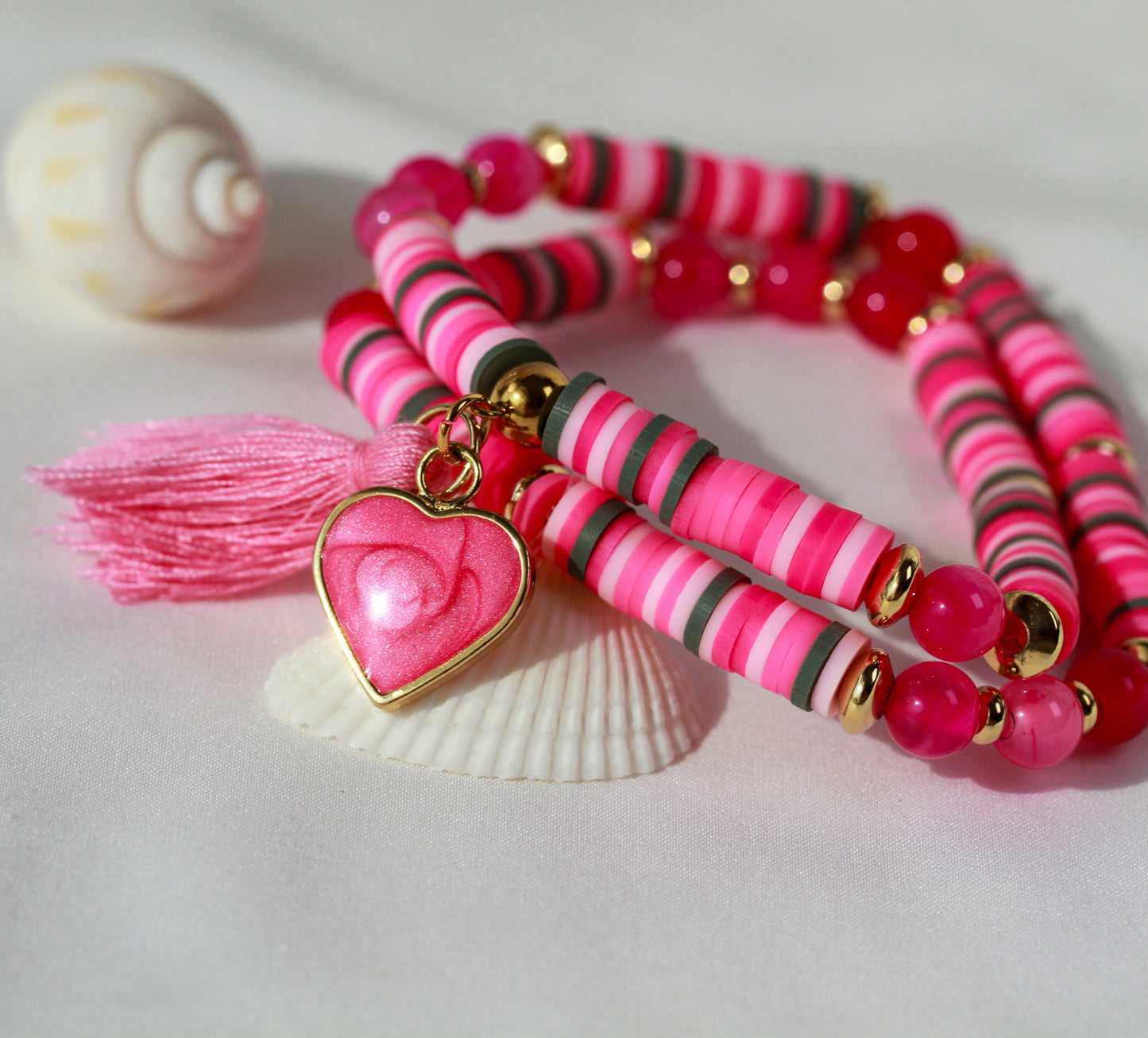 Love Nova – Pinkes Katsuki-Wickelarmband mit Natursteinperlen