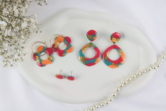 Bunte orange rosa grüne Statement Polymer Clay Ohrringe - Kollektion