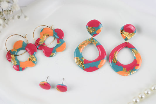 Bunte orange rosa grüne Statement Polymer Clay Ohrringe - Kollektion