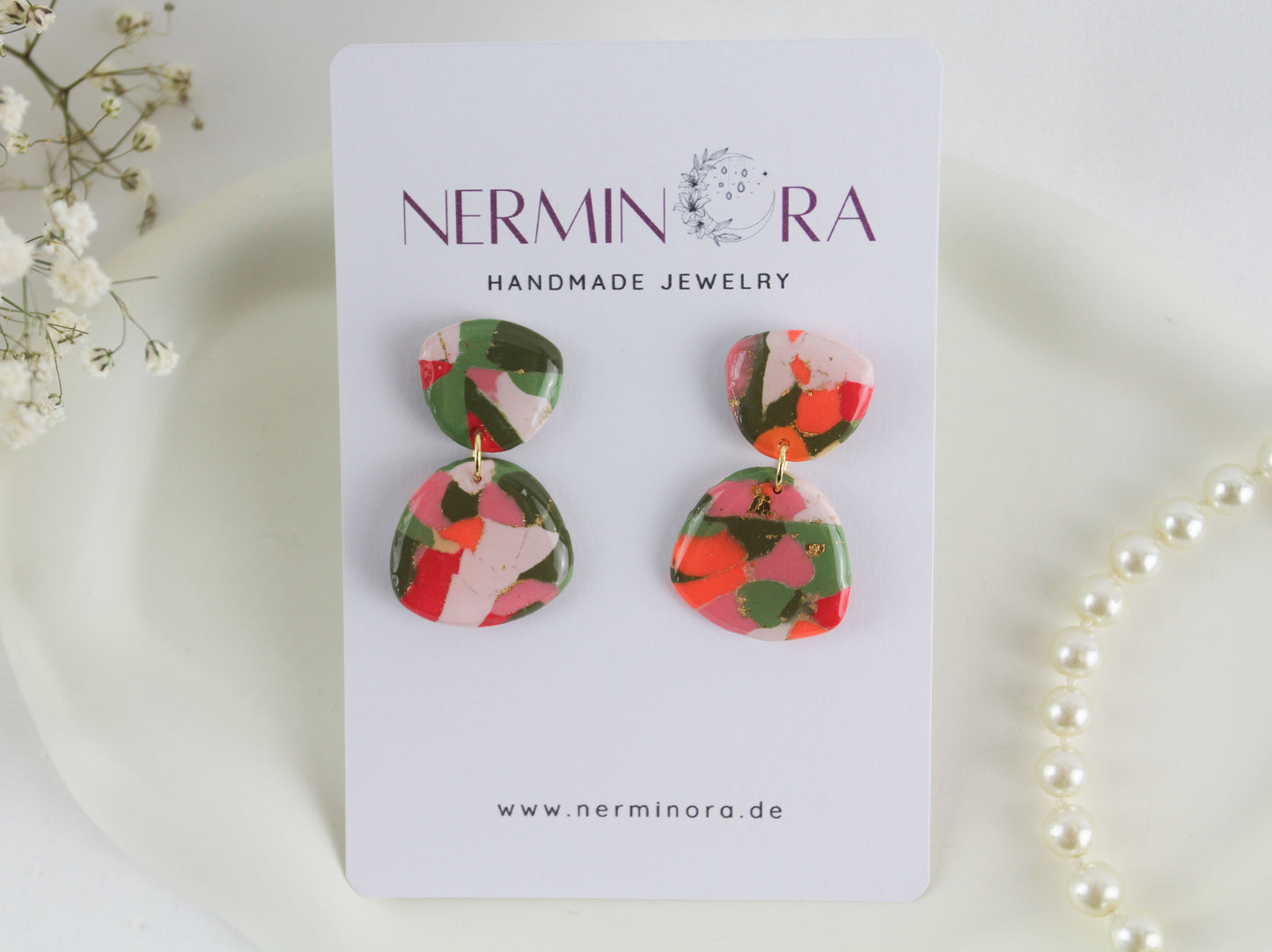 Grün Orange Statement Marmor Muster Polymer Clay Ohrringe