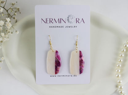 Lila Rosa Marmor-Ohrringe mit Natursteinen – Handgemachte Polymer-Clay-Kollektion