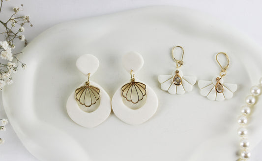 Weiße Muschel Statement Polymer Clay Ohrringe