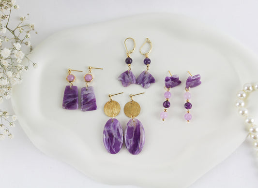 Purple Amethyst Natural Stone Inspired Polymer Clay Earrings with Natural Stones - Creations