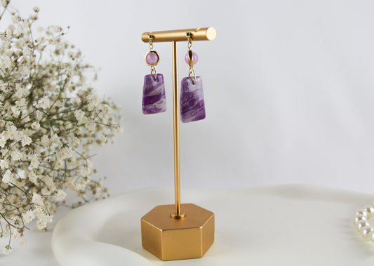 Purple Amethyst Natural Stone Inspired Polymer Clay Earrings with Natural Stones - Creations