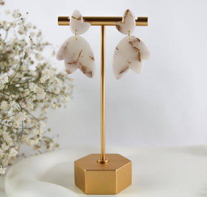 Transparente Weiß-Gold Braut Statement Ohrringe – Handgefertigte Polymer Clay Hochzeitsohrringe