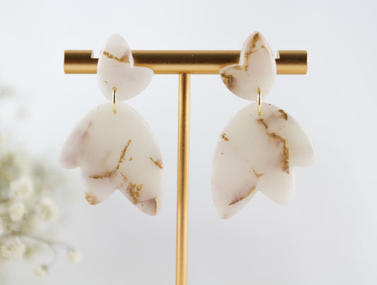 Transparente Weiß-Gold Braut Statement Ohrringe – Handgefertigte Polymer Clay Hochzeitsohrringe