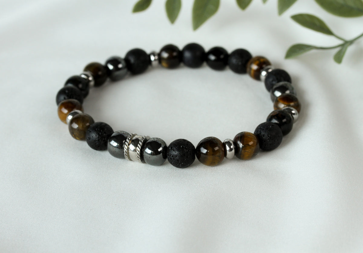 Dark Horizon – Herrenarmband mit Tigerauge, Hämatit und Lava