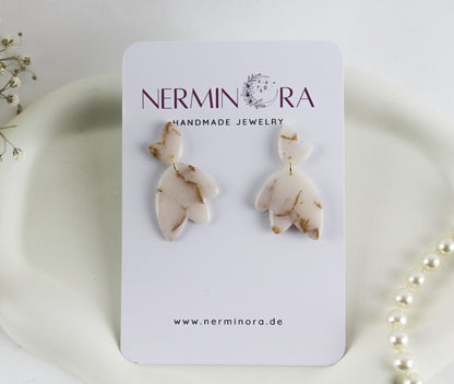 Transparente Weiß-Gold Braut Statement Ohrringe – Handgefertigte Polymer Clay Hochzeitsohrringe