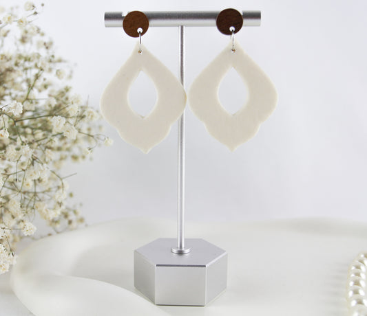 White statement polymer clay earrings with walnut wood studs