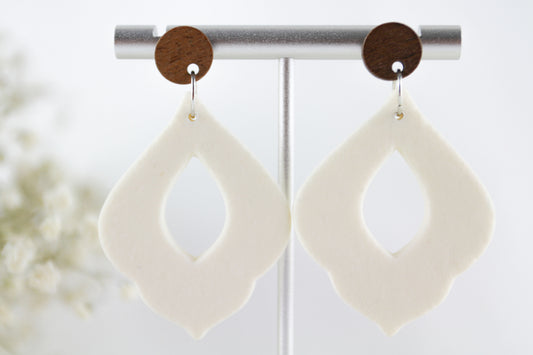 White statement polymer clay earrings with walnut wood studs
