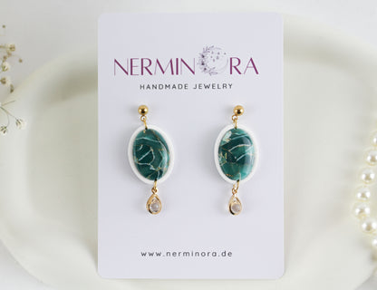 Grün-Weiß Marmor Ohrringe mit Strass-Anhänger – Handgefertigte Statement