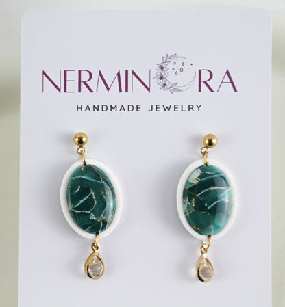 Grün-Weiß Marmor Ohrringe mit Strass-Anhänger – Handgefertigte Statement