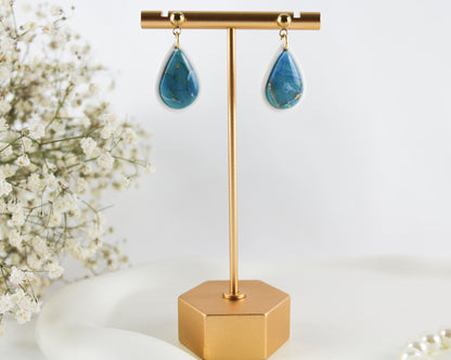 Türkis-Weiß Marmor Tropfen Ohrringe – Handgefertigte Polymer Clay Statement