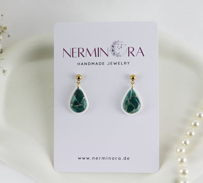 Grün-Weiß Marmor Tropfen Ohrringe – Handgefertigte Polymer Clay Schmuckset