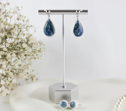 Blau-Weiß Marmor Tropfen Ohrringe – Handgefertigtes Polymer Clay Schmuckset