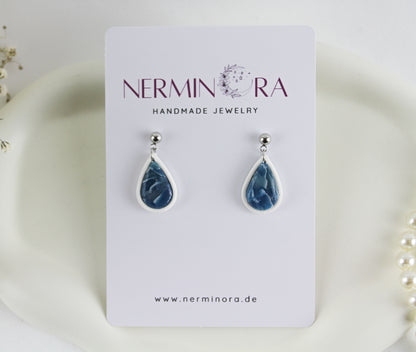 Blau-Weiß Marmor Tropfen Ohrringe – Handgefertigtes Polymer Clay Schmuckset
