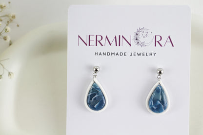 Blau-Weiß Marmor Tropfen Ohrringe – Handgefertigtes Polymer Clay Schmuckset