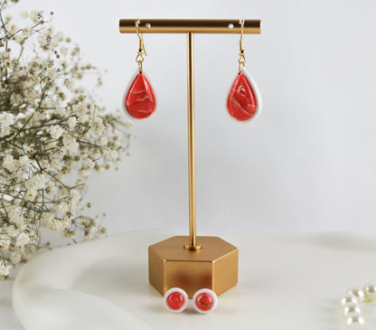 Rot-Weiß Marmor Tropfen Ohrringe – Handgefertigte Polymer Clay Schmuckset