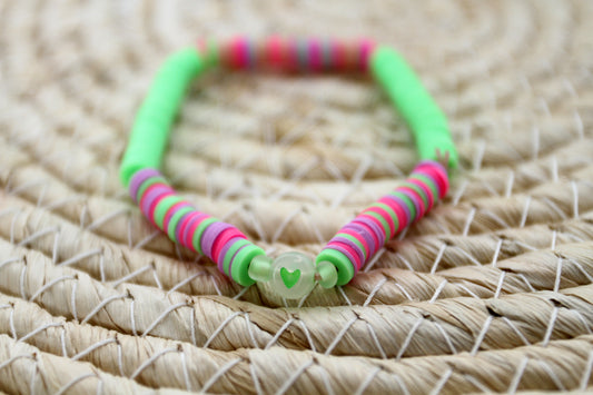 Colorful Green Katsuki Heishi Beaded Bracelet with Heart Bead